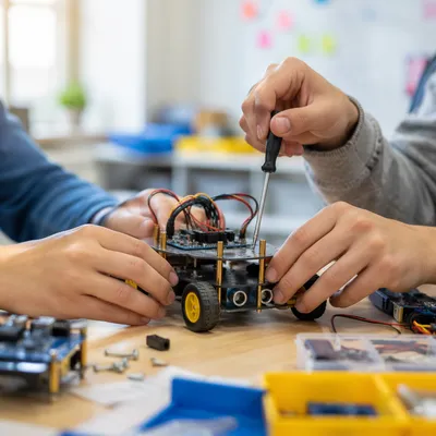 Students Assembling Small Robot in STEM Class