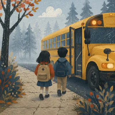 Foggy Morning School Bus Stop Walk