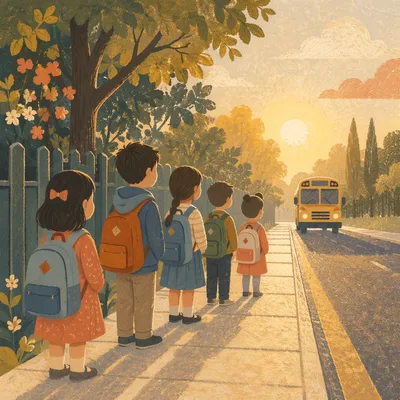 Children Waiting at School Bus Stop