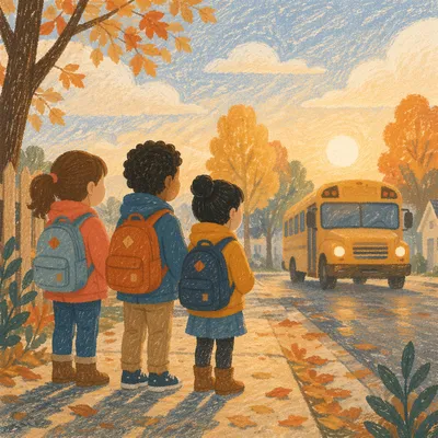 Children Waiting at Sunrise Bus Stop