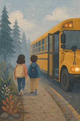 Children Walking to School Bus at Dawn