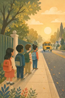 Children Waiting at Sunrise Bus Stop