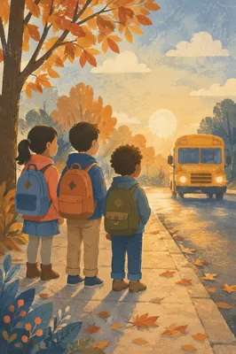 Children Waiting at Sunrise School Bus Stop