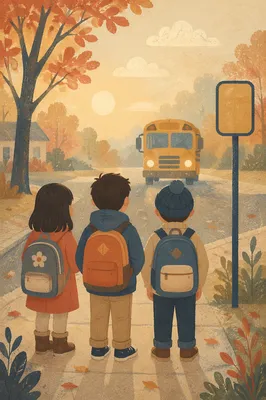 Children Waiting at Morning School Bus Stop
