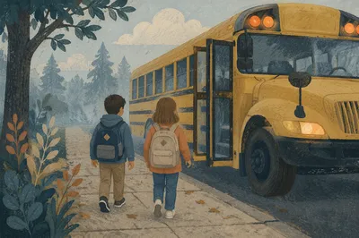 Children Walking to School Bus at Dawn