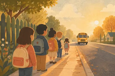 Children Waiting at Morning School Bus Stop