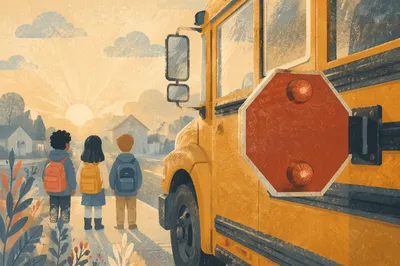 Morning School Bus Stop Hopeful Scene