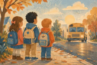 Children Waiting at School Bus Sunrise