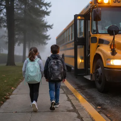 Children Walking to School Bus at Dawn