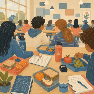 Friends Sharing Lunch in School Cafeteria
