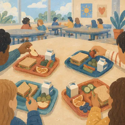 Friends Sharing Lunch in School Cafeteria