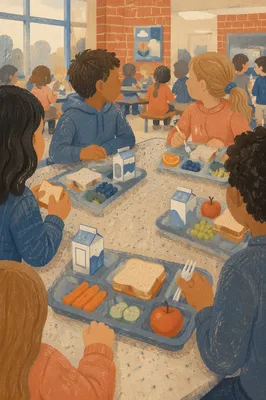 Students Sharing Lunch at Cafeteria Table