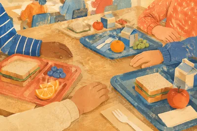 Friends Sharing Lunch in School Cafeteria