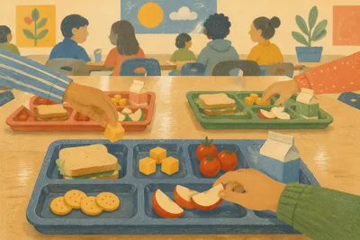 School Cafeteria Lunch Trays with Friends