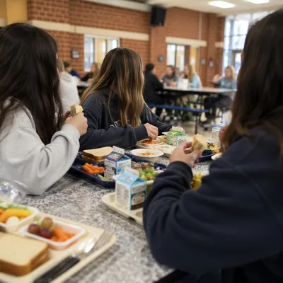 Students Sharing Lunch at Cafeteria Table