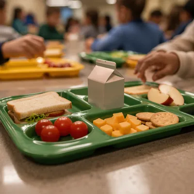 School Cafeteria Lunch Trays with Friends