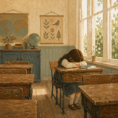 Quiet Student in Sunlit Vintage Classroom