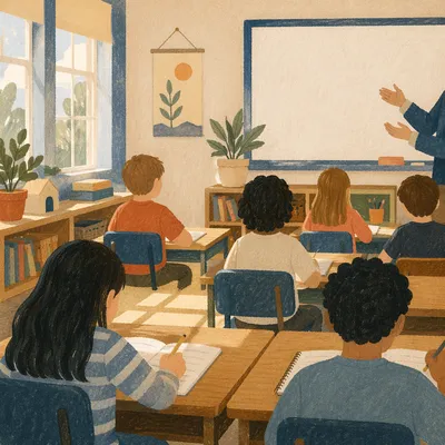 Bright Elementary Classroom Morning Learning Scene