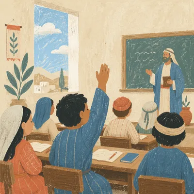 Raised Hand in Bright Classroom Learning