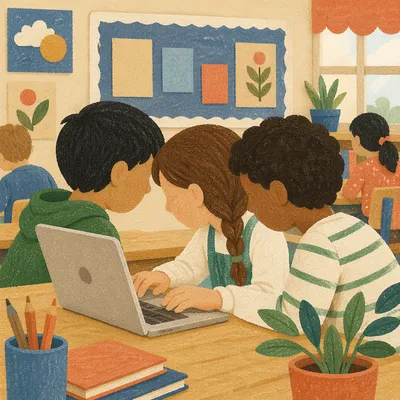 Students Collaborating Around Classroom Laptop