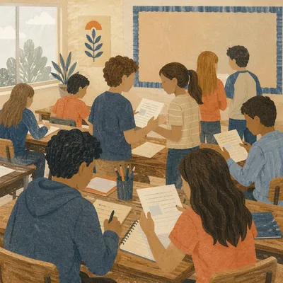 Students Collaborating in Modest Classroom