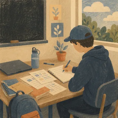 Calm Classroom Student Writing at Shared Desk