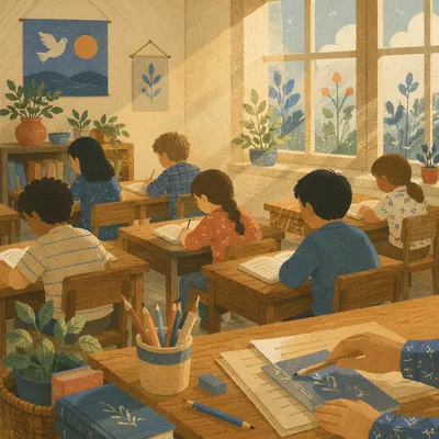 Sunlit Classroom Students Learning at Wooden Desks