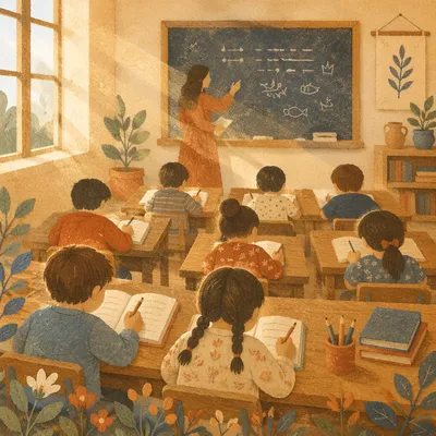 Sunlit Classroom Students Learning at Desks