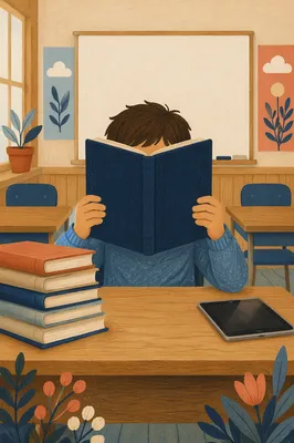 Focused Student Reading in Calm Classroom