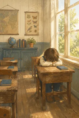 Quiet Student in Sunlit Vintage Classroom