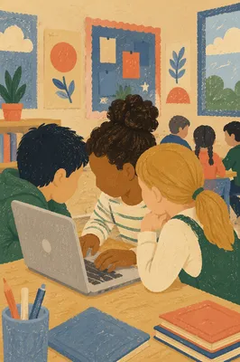 Elementary Students Collaborating Around Classroom Laptop