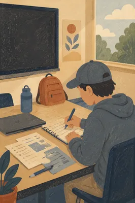 Calm Classroom Student Writing at Shared Desk