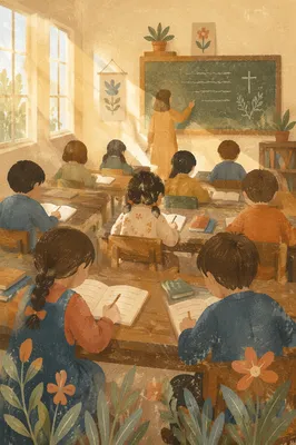 Sunlit Classroom Students Learning at Wooden Desks