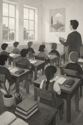 Vintage Classroom Students Learning by Daylight