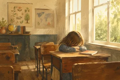 Quiet Student in Sunlit Vintage Classroom