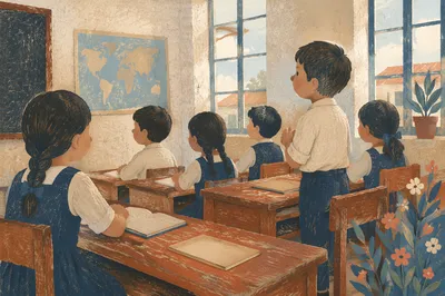 Humble Classroom Students Learning in Morning Light