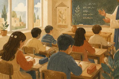 Sunlit Classroom Students Writing at Desks