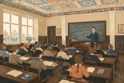 Vintage Classroom Students at Wooden Desks