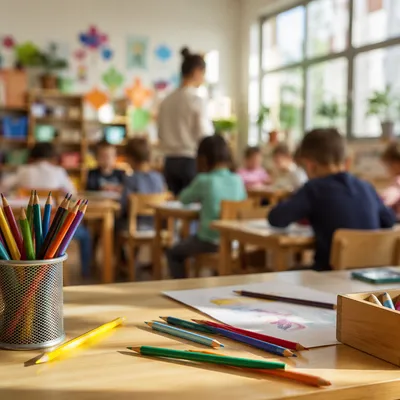 Bright Elementary Classroom Learning Scene