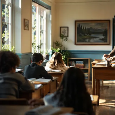 Sunlit Classroom Students Learning at Desks