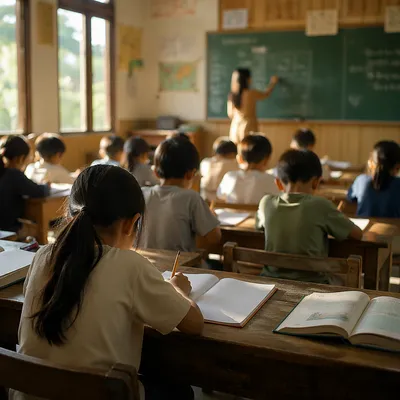 Sunlit Classroom Learning at Wooden Desks