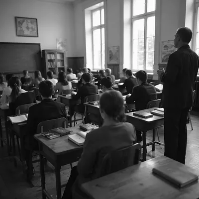 Vintage Classroom Students Learning at Desks