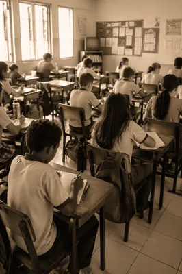 Busy Classroom Students Learning at Desks