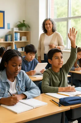 Bright Classroom with Students Learning