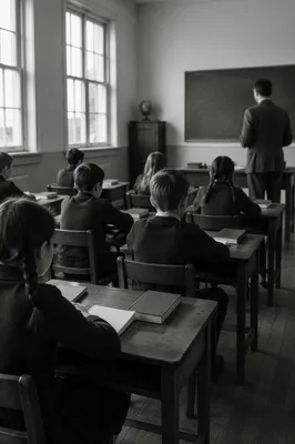 Vintage Classroom Students Learning at Desks