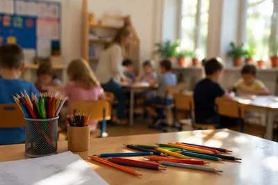 Bright Elementary Classroom With Learning Supplies