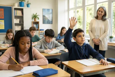 Sunlit Classroom with Students Learning