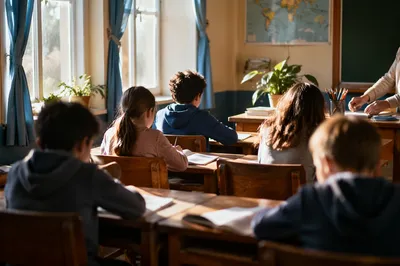 Sunlit Classroom Students Learning at Desks