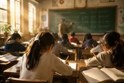 Sunlit Classroom Students Learning at Wooden Desks