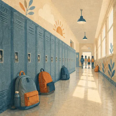 Quiet School Hallway with Lockers Perspective